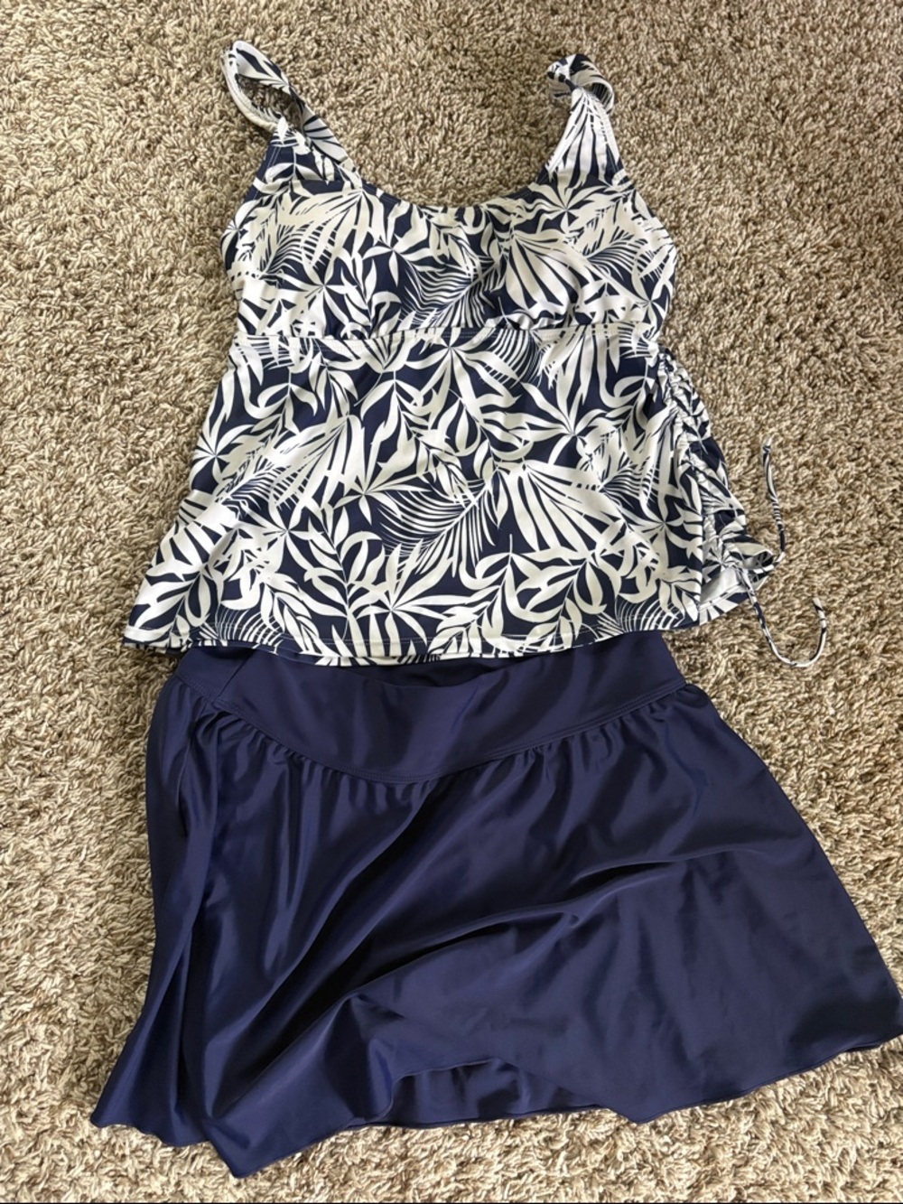 Navy & White Leaf Print Tankini Swim Top with Navy Skirted Bottom